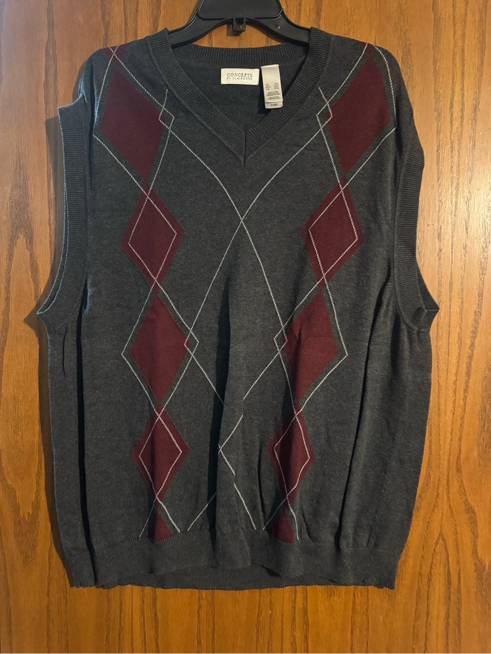 Claiborne V-Neck Argyle Sweater Vest - Charcoal & Burgundy